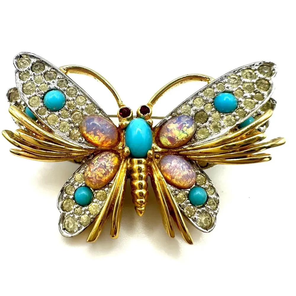Jomaz vintage gold tone clear rhinestones art glass cabochons butterfly brooch